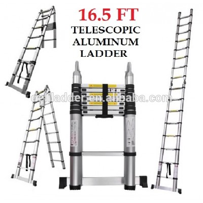 Euro Double Telescopic Aluminium ladder 5 meter (17 feet) -Stores at 3 feet -A Frame 9 feet -Ultra Portable - Rapid unlock hinge